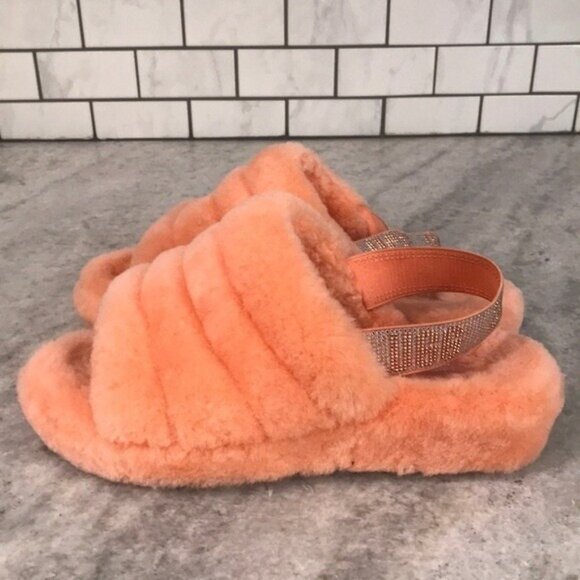 UGG Slippers Womens 9 Orange Fur Fluff Yeah Shearling Slides Slip On Y2K - Picture 3 of 9